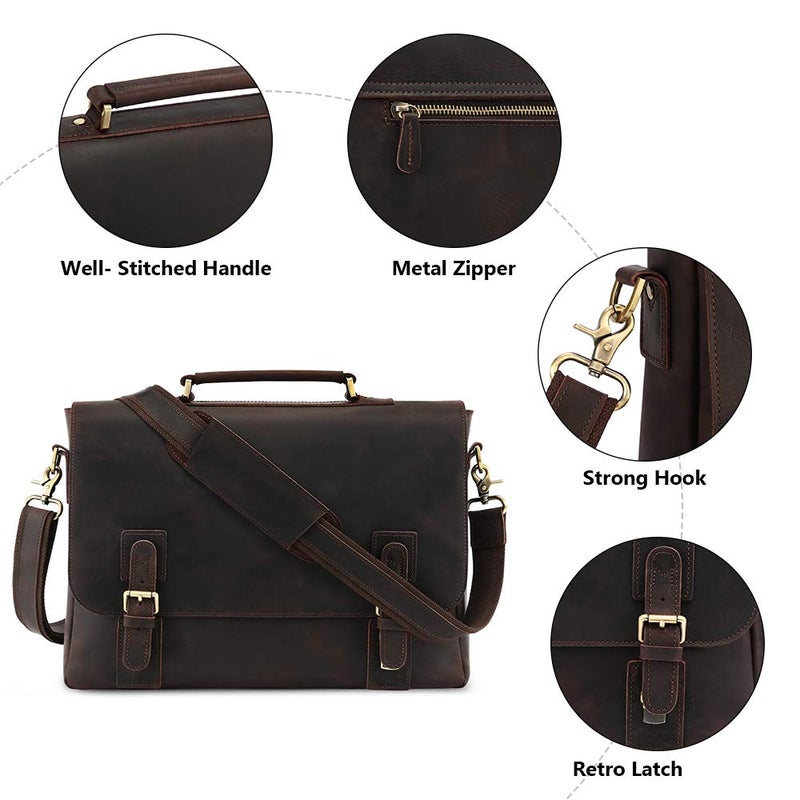 Kattee Men's Leather Satchel Briefcase, 15.6" Laptop Messenger Shoulder Bag Tote - Image 5